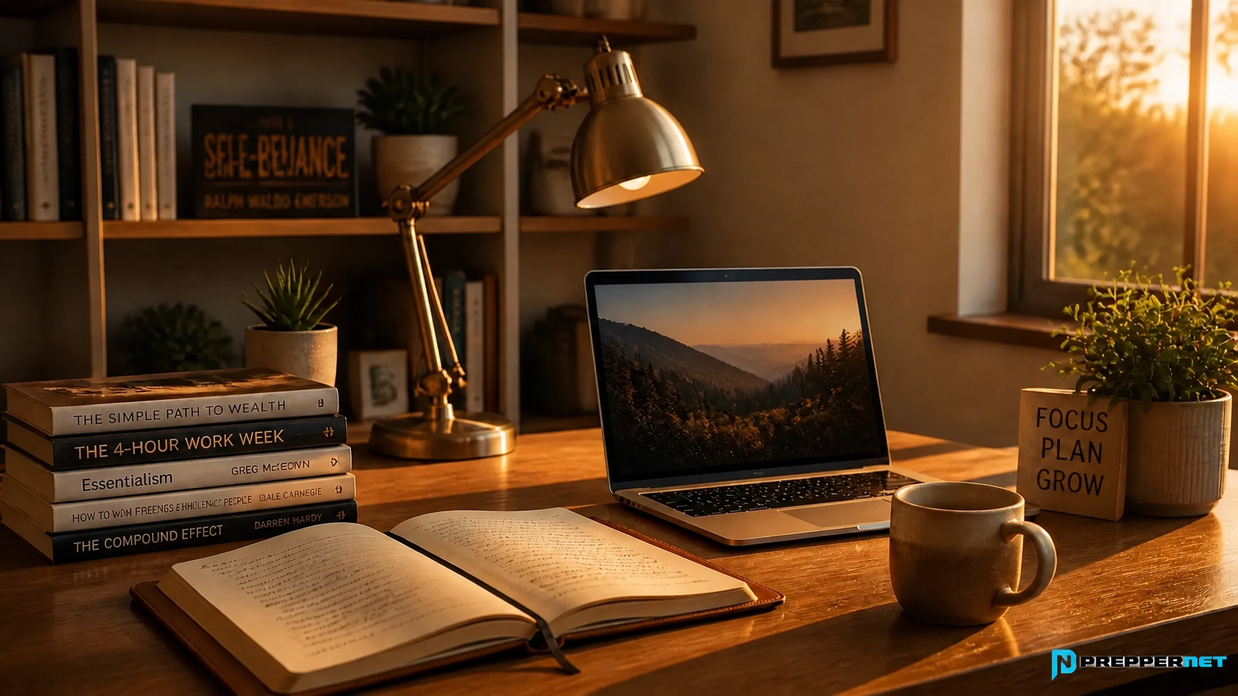 Financial preparedness workspace with a laptop, notebook, books, and planning materials