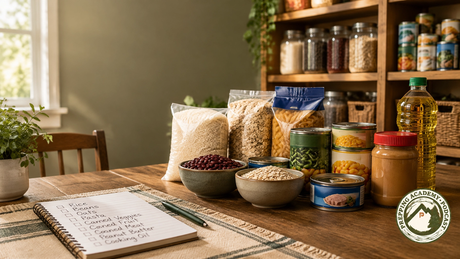 A modest kitchen pantry stocked with everyday grocery staples for a 30-day emergency food supply