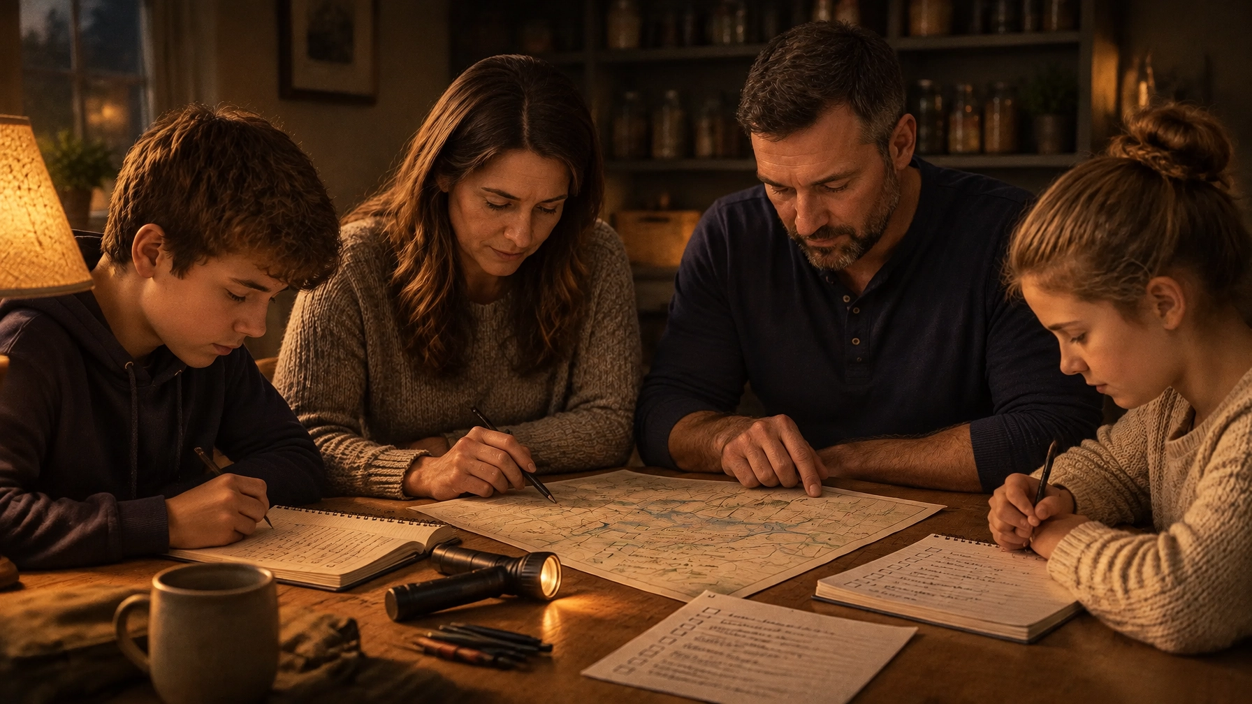Family calmly working together on a household emergency plan at the kitchen table.